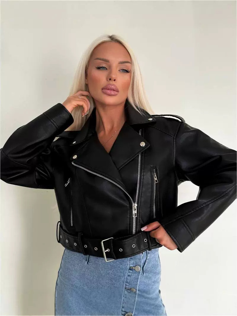 Outerwear |  Womens Zipped Leather Biker Jacket