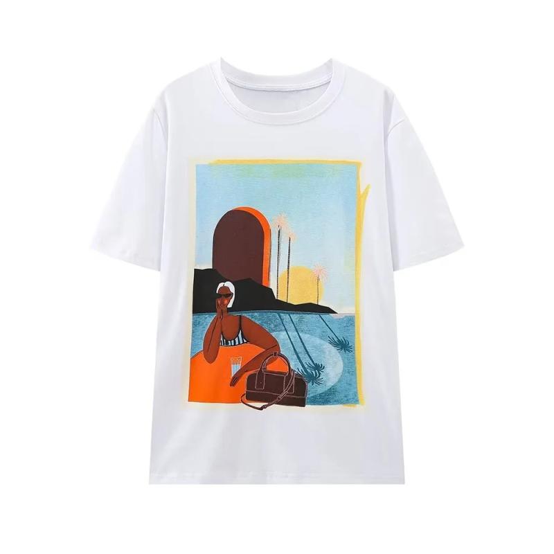 T-Shirts |  Mens Loose  Postcard Printed T-Shirt